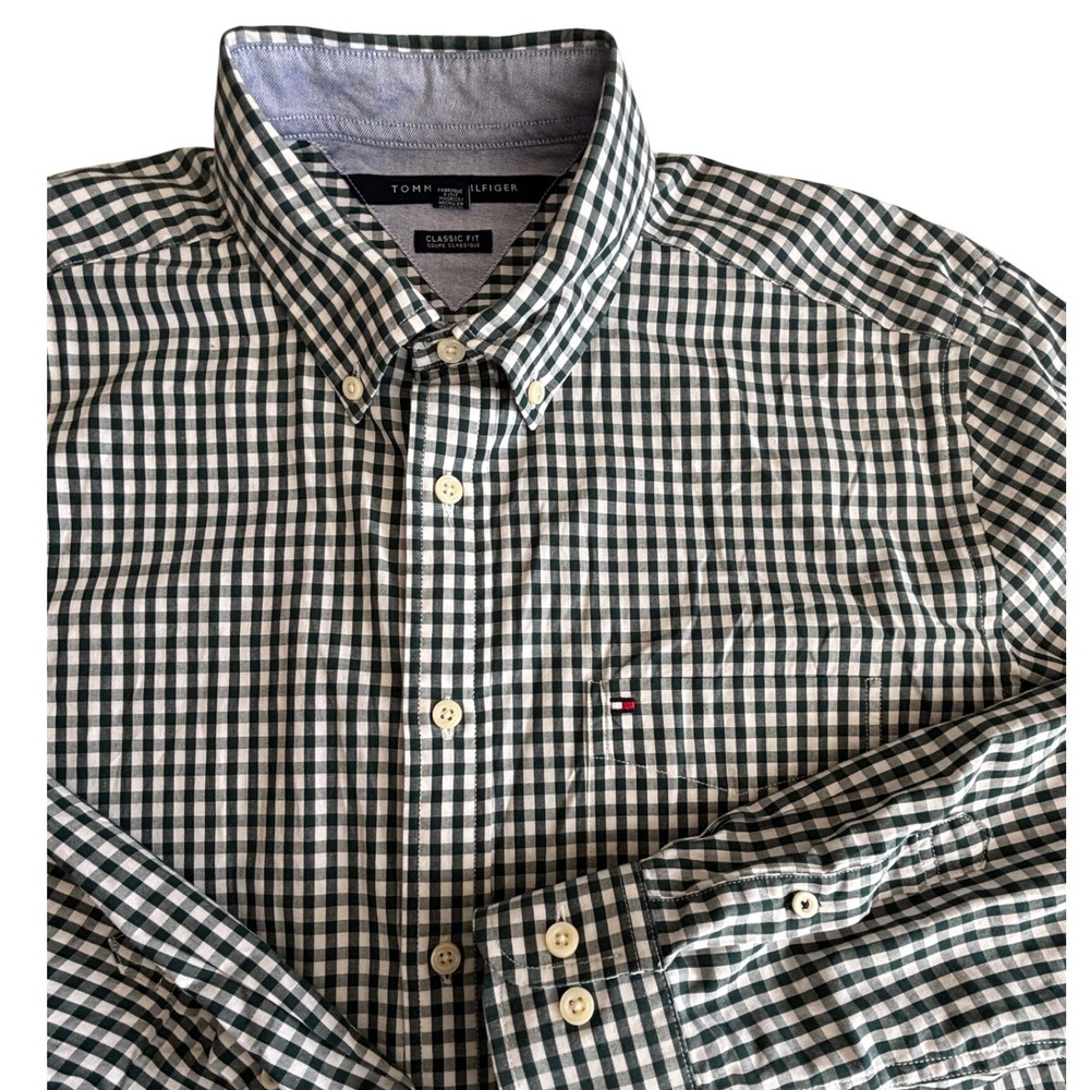 Tommy Hilfiger Mens Large Classic Fit Gingham Button Down Shirt Green White L/G
